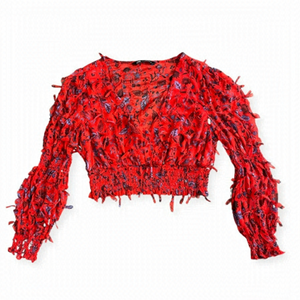 Zara Red Cropped Top V Neck Ling Sleeves Size XL